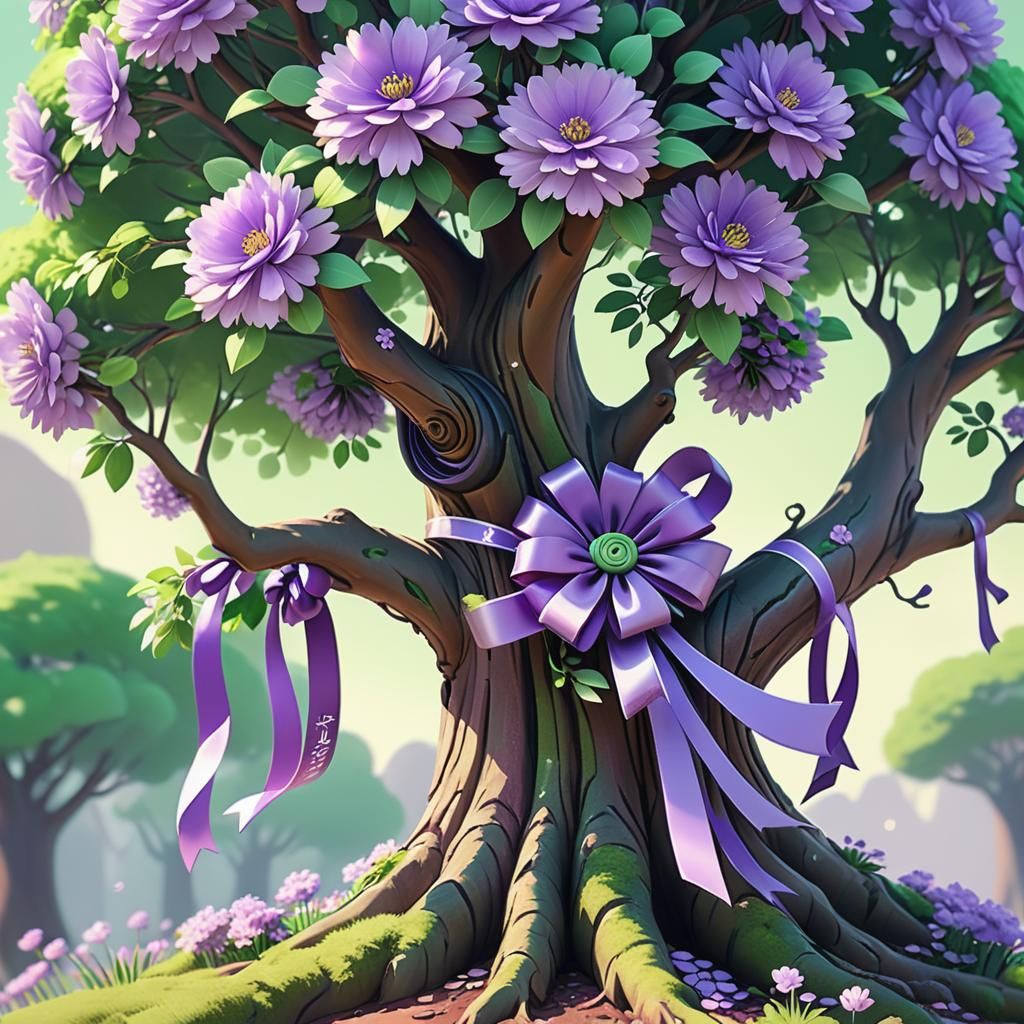 Purple Flower Tree in Vibrant 3D Anime Style
