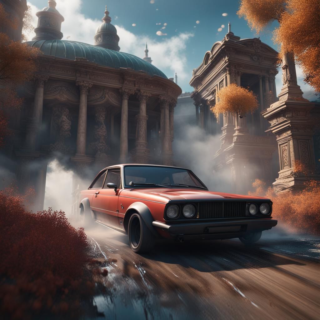 Detailed Car Drifting in Fantasy Concept Art