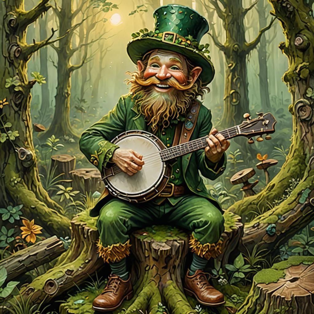 Smiling Leprechaun Plays Banjo in Misty Forest