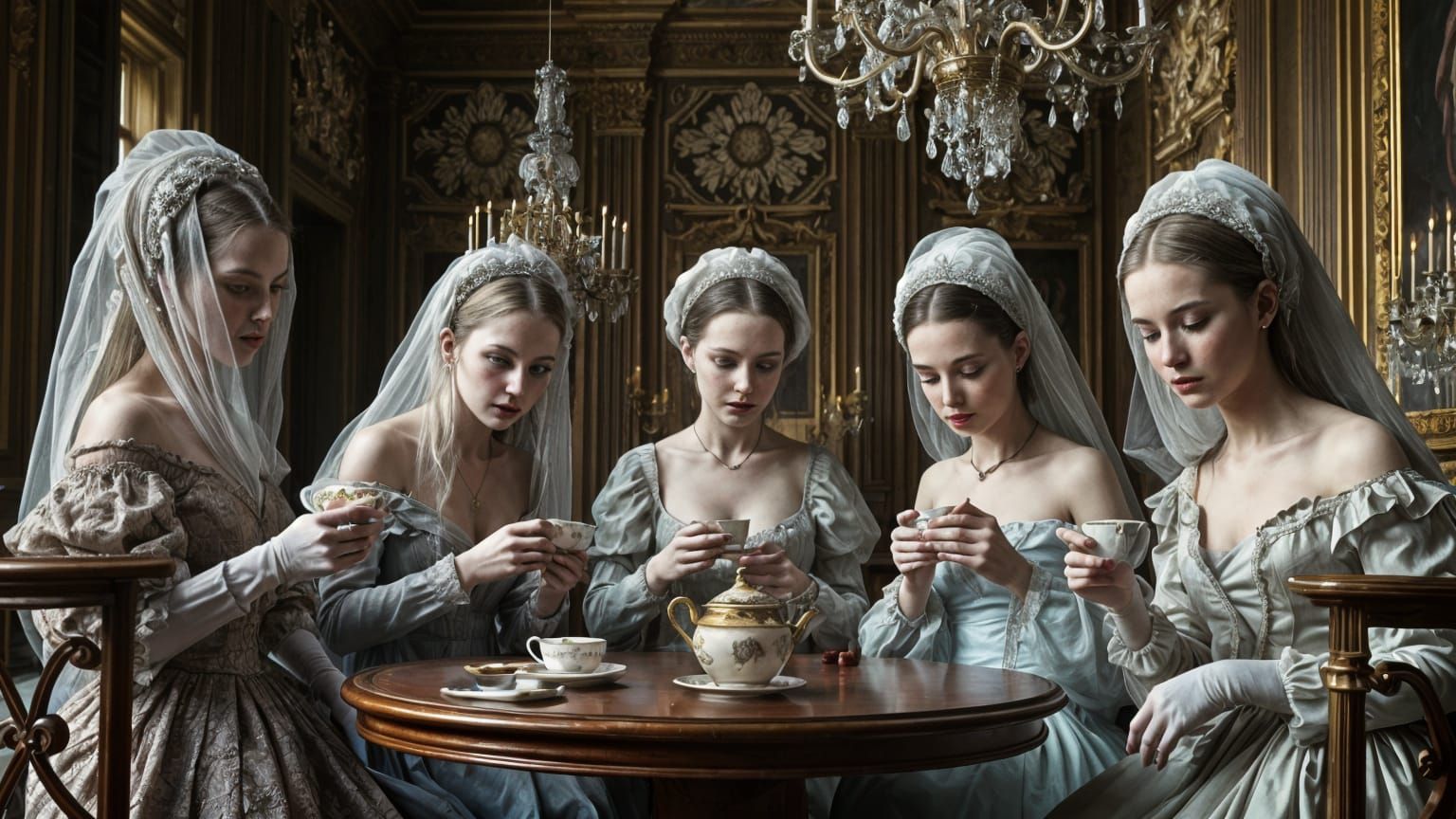 Ethereal Noblewomen in Baroque Palace Tea Ceremony