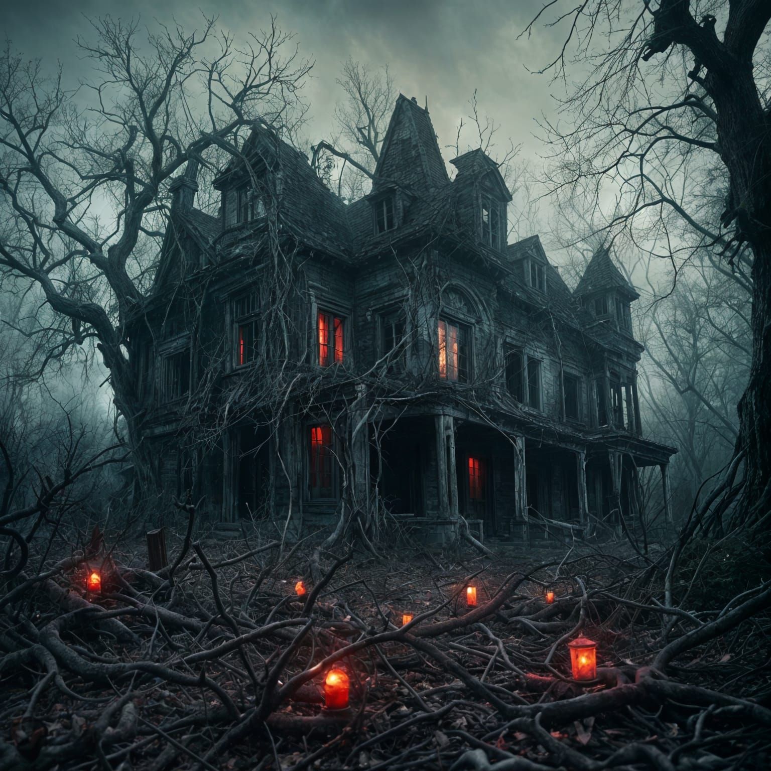 Eerie Haunted Mansion Landscape Under Blood Moon