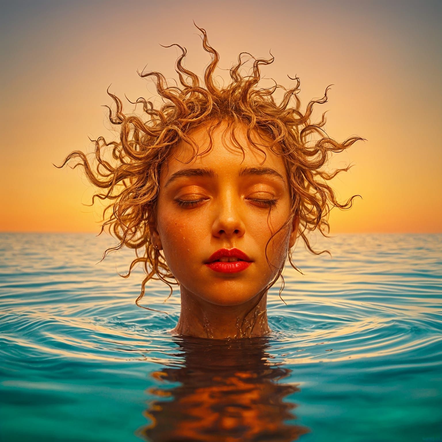 Hyperrealistic Water Goddess in Warm Golden Light