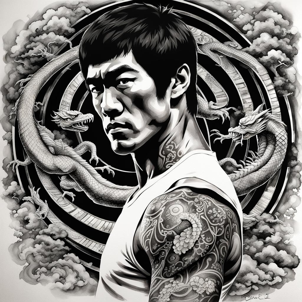Bruce Lee Portrait with Dragon Tattoo Art