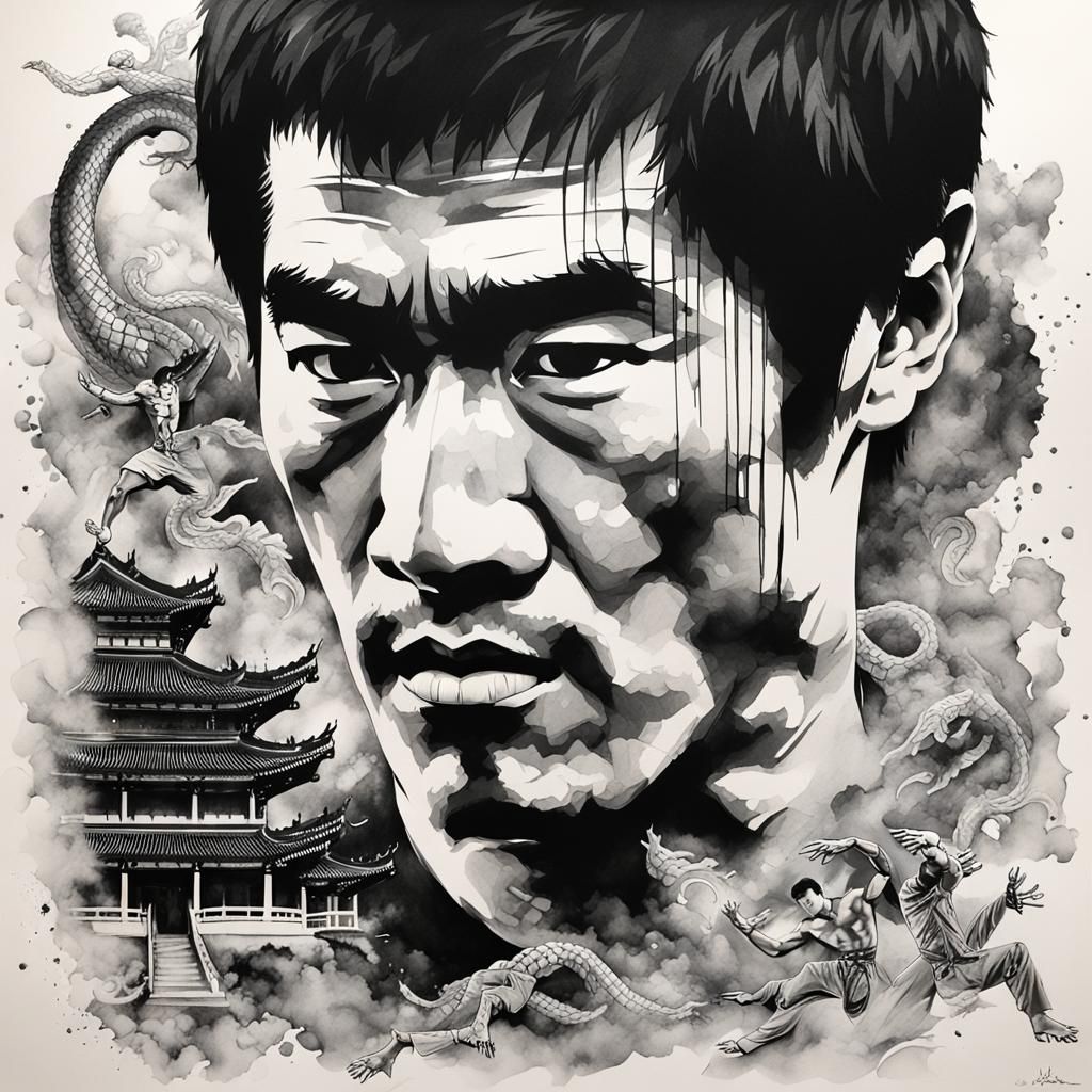 Bruce Lee Tattoo Portrait with Dragon in Watercolor