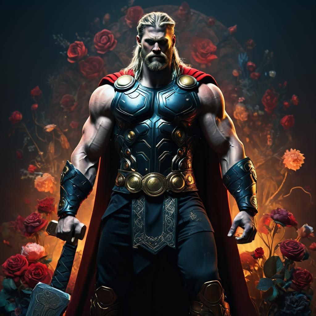 Fabric Thor with Floral Tattoos and Red Sun