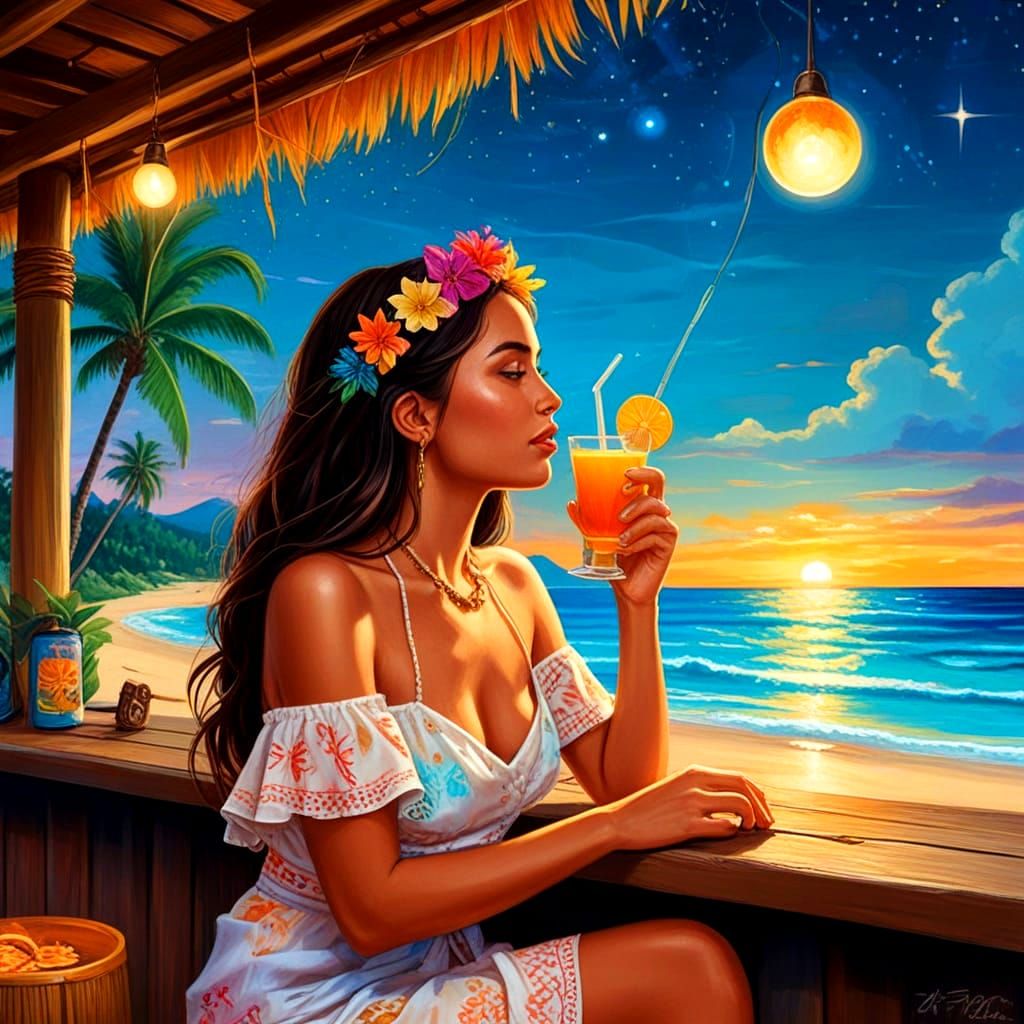 Tiki Bar on Beach Under Stellar Night Sky