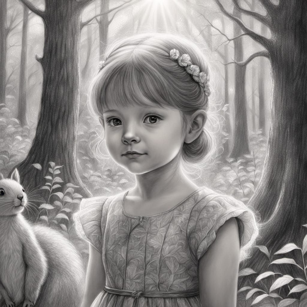 Girl in Forest Clearing: Hyper-Realistic Pencil Drawing