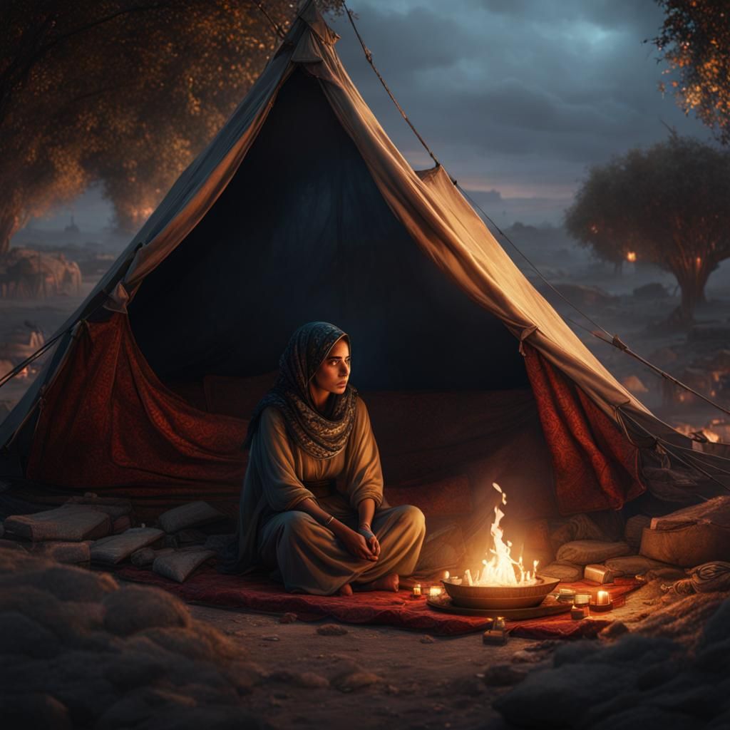 Sad Woman Remembers Loss in War Tent