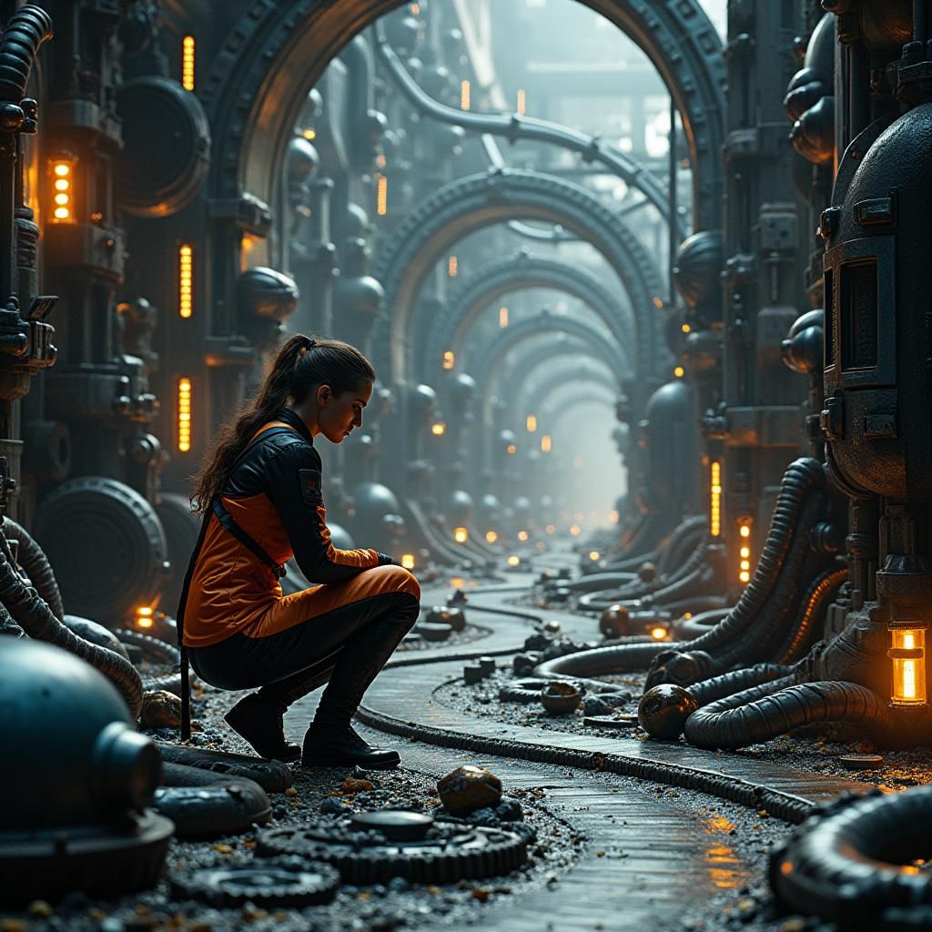 Futuristic Mechanical Landscape with Orange and Black Jumpsu...