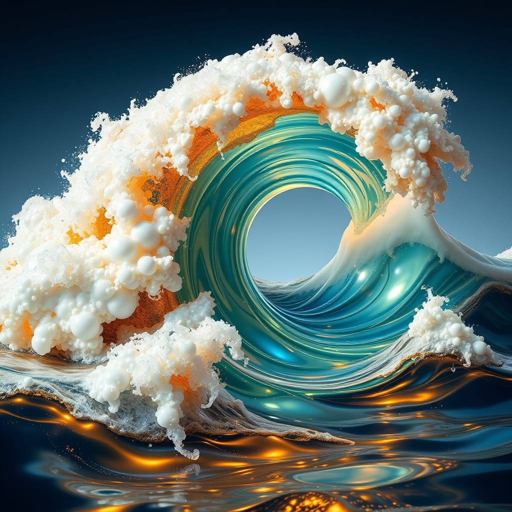 optical illusion golden wave in a fierce ocean liquid opal glass face shape art