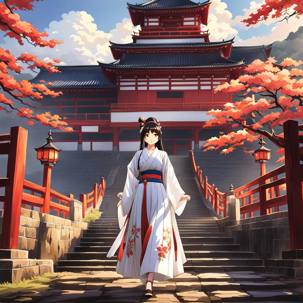 Girl Approaches Daimyo Castle in Anime Style