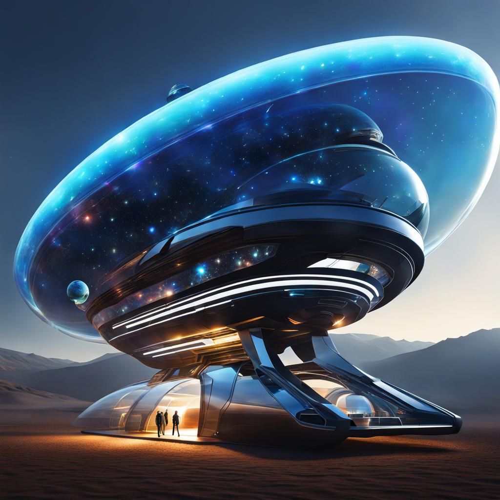 Translucent Spaceship with Polycarbonate Aliens in Galaxy