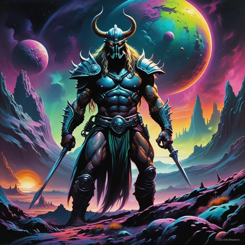 Viking on Alien Planet in Dark Fantasy Oil Painting