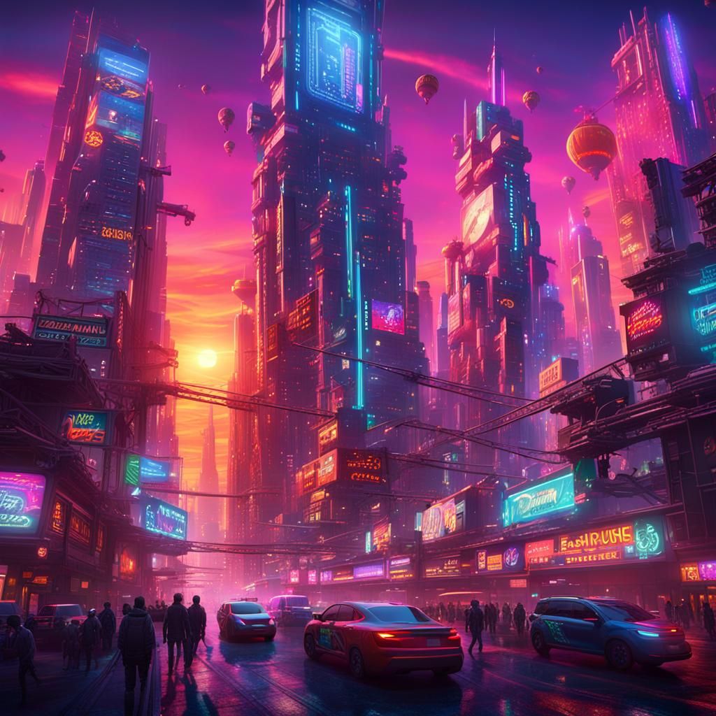 Neon Skyscrapers in a Cyberpunk Cityscape