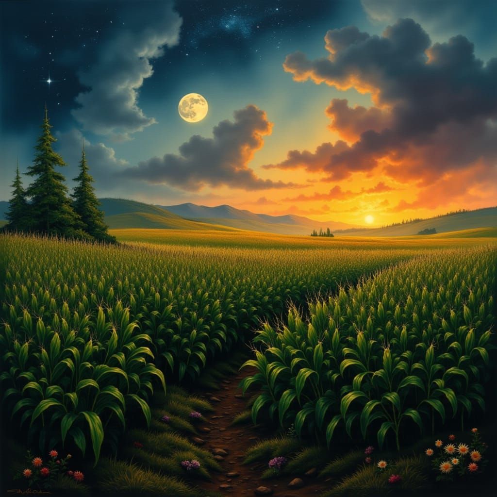 Vast Corn Field Under Starry Night Sky in Deep Colors