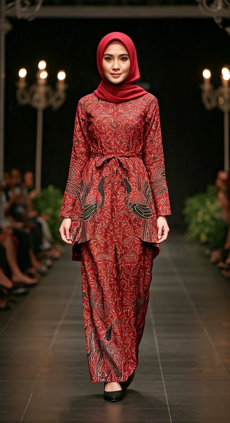 Elegant Asian Woman in Red Batik at Fashion Show