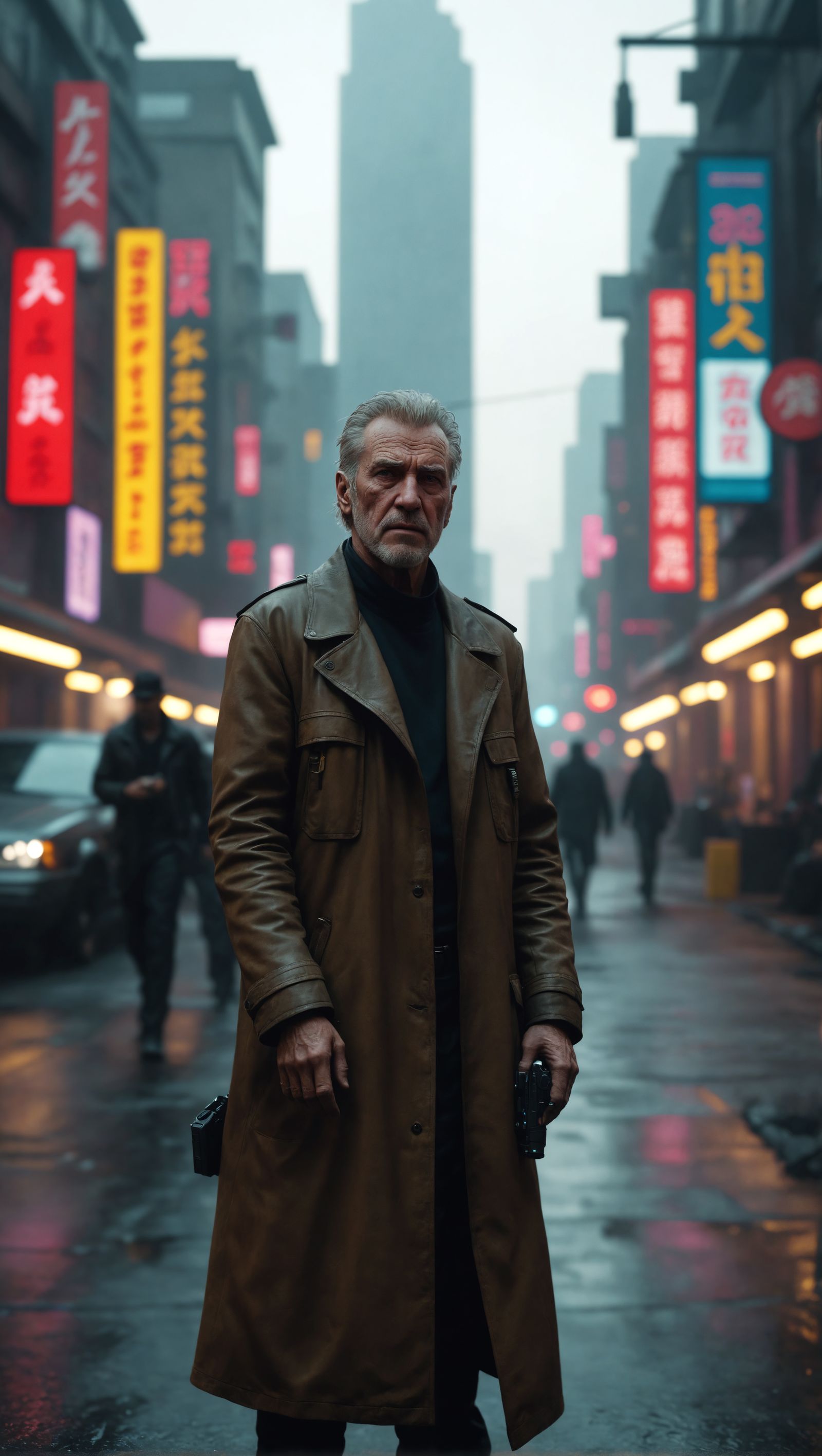 Cyberpunk Elder in Neon Cityscape