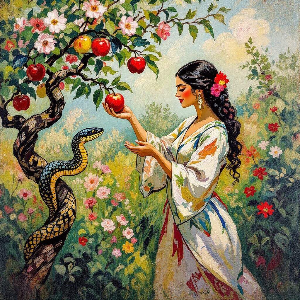 Woman Picking Apple in Garden, Van Gogh Style