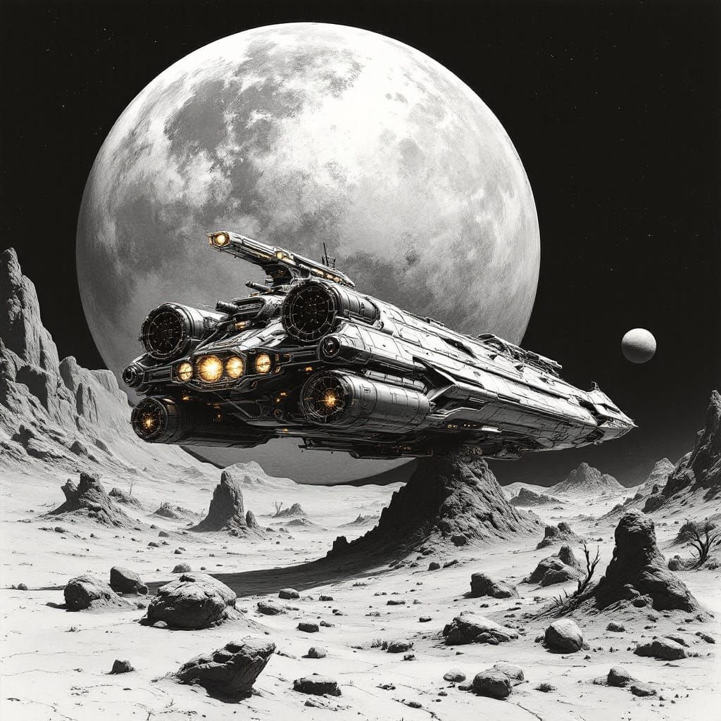Starship on a Barren Moon in Charcoal Drawing Style