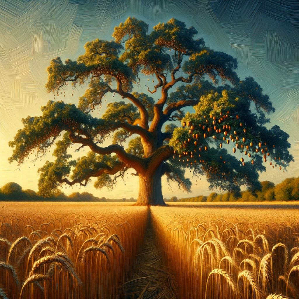 Ancient Oak Tree in Golden Field at Sunset, Impressionistic ...