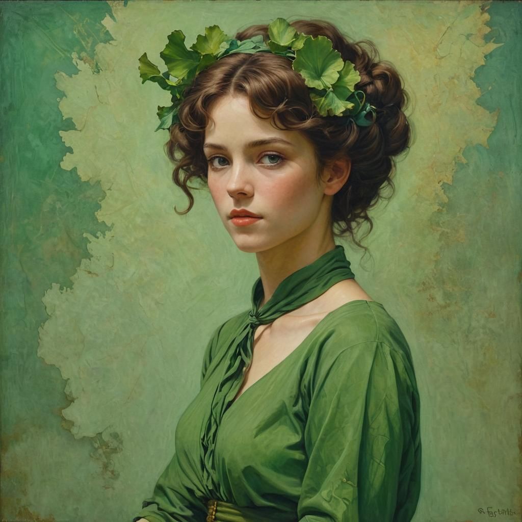 Lady in Green, Maxfield Parrish Style Oil Painting