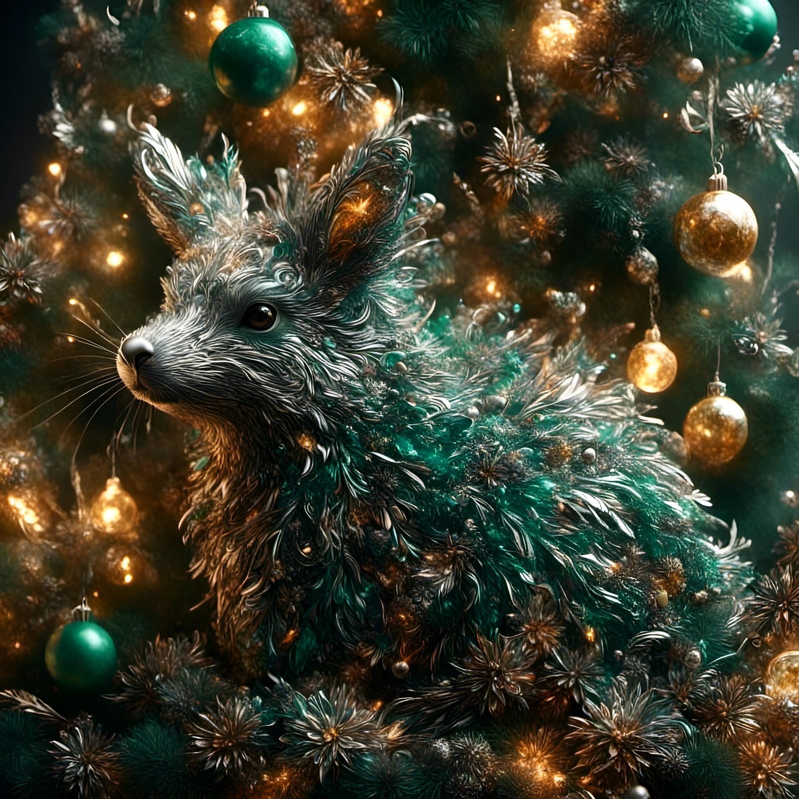 Animal Decorating Christmas Tree in Linocut Style