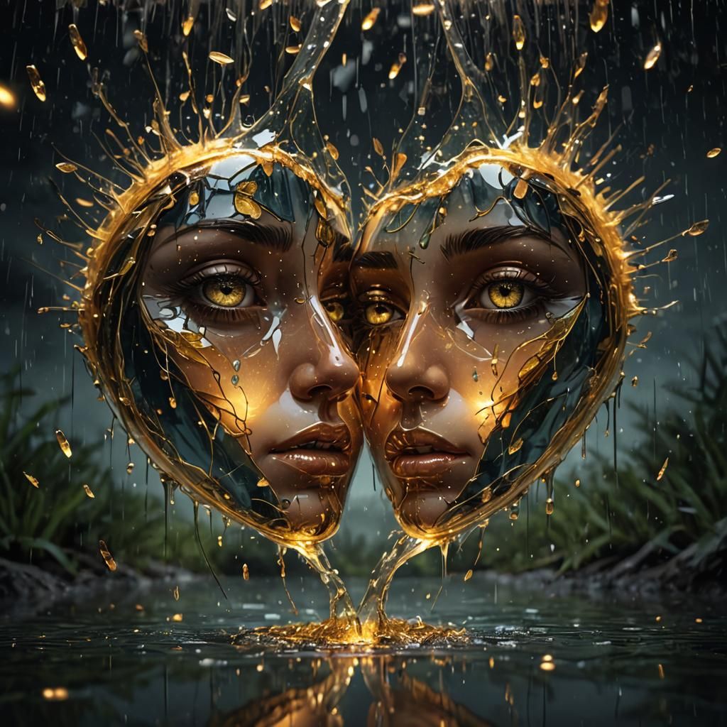 Shattered Glass Face with Golden Tears