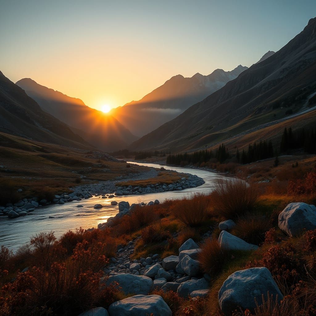 Golden Sunset Over Tranquil Mountain Valley