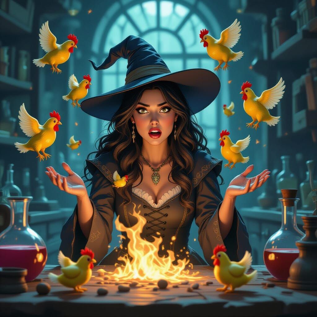 Sorceress Conjures Rubber Chickens in Comic Fantasy Style