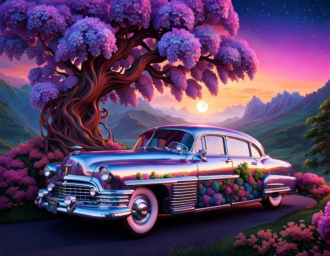 Crystal Car with Lilac Bush in Dreamy Landscape