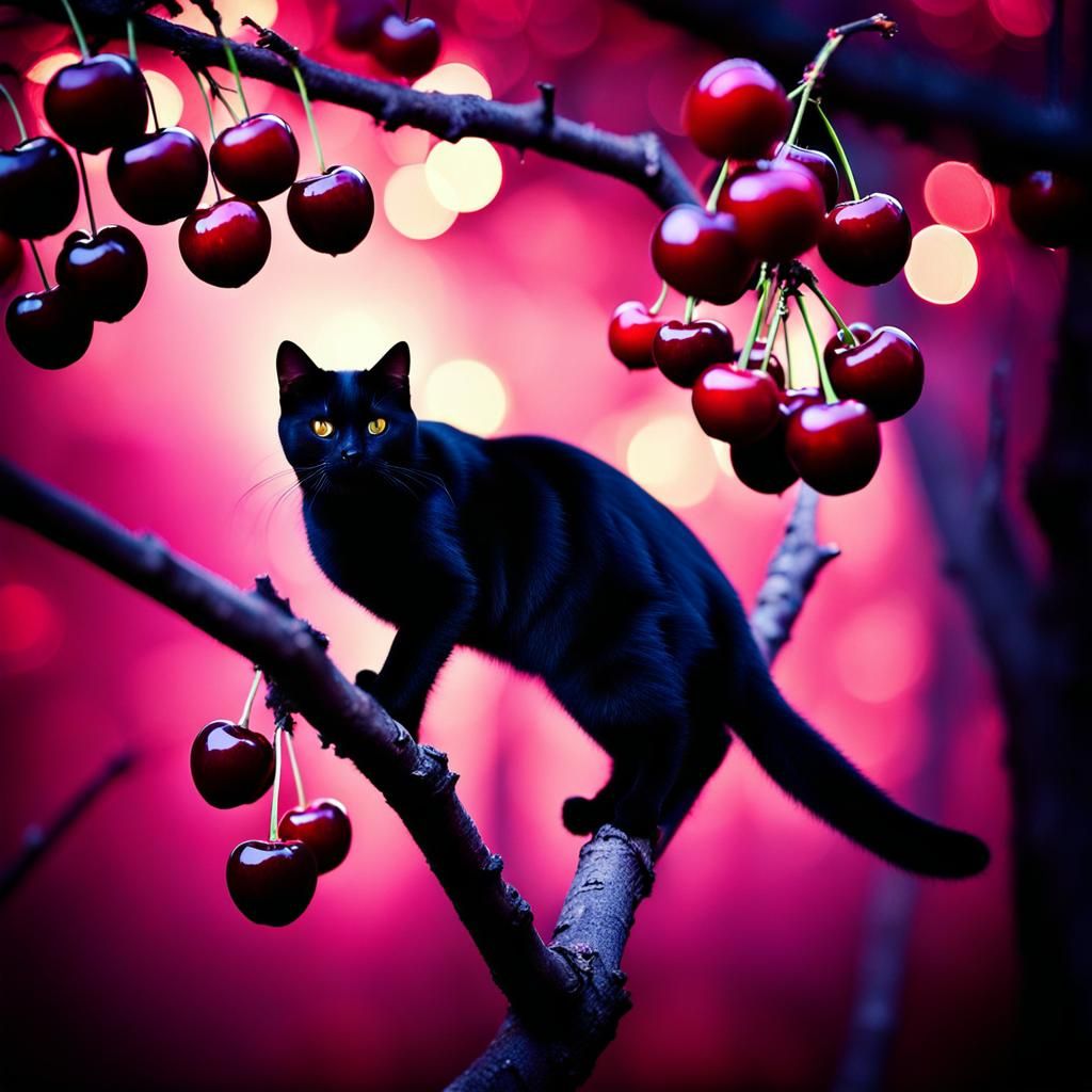 Spooky Night: Black Cat with Cherries