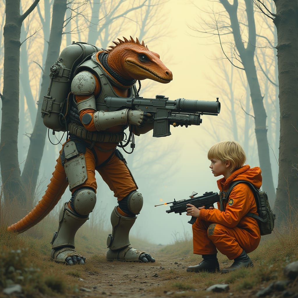 Reptilian Warrior and Girl in Misty Sci-Fi Forest
