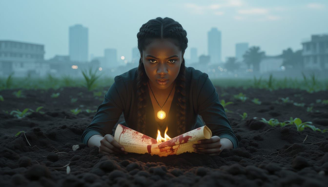 Dramatic Film Still: Woman, Amulet, and Misty City
