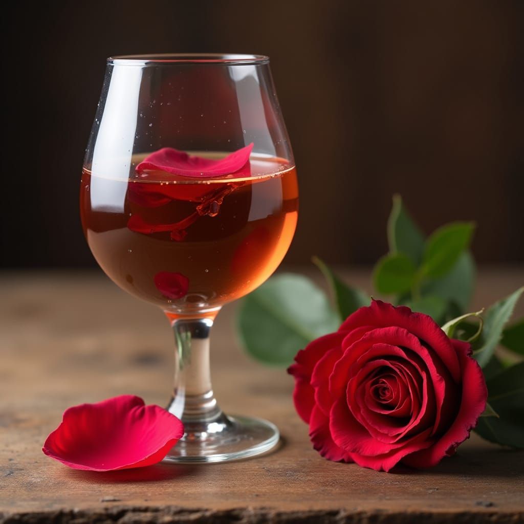 Brandy Glass with Rose Petal Still Life