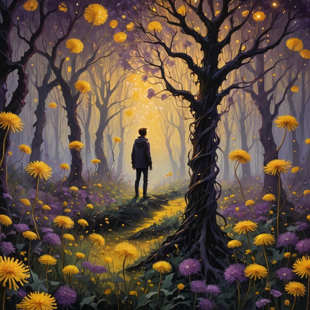 Ethereal Figure Amidst Glowing Dandelion Forest