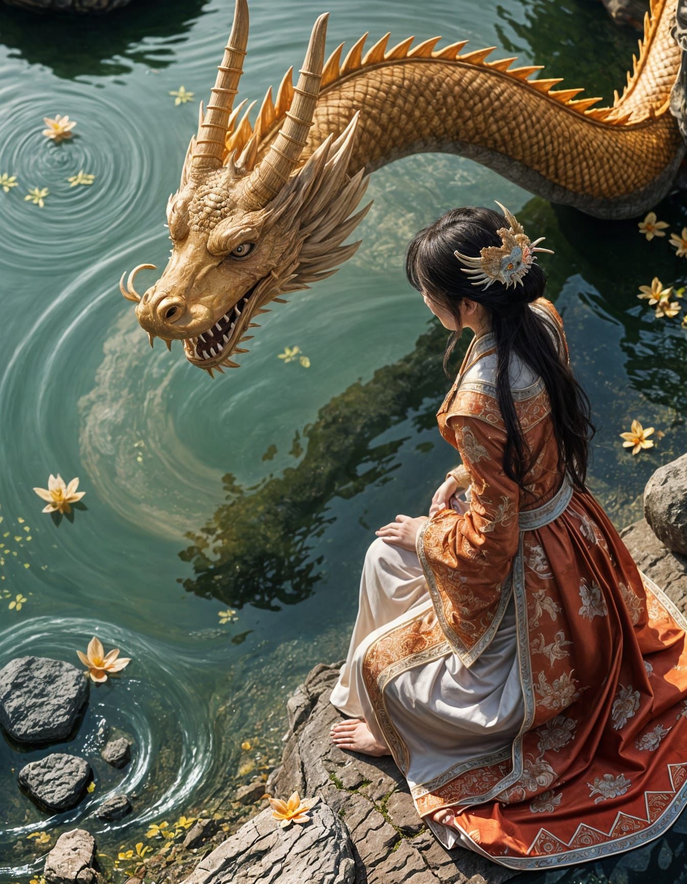 Chinese Woman and Realistic Dragon in a Fantastical Landscap...