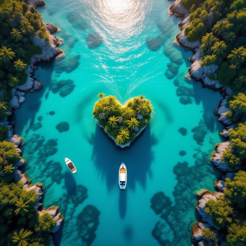 Heart Shaped Island Sea Photo with Boat