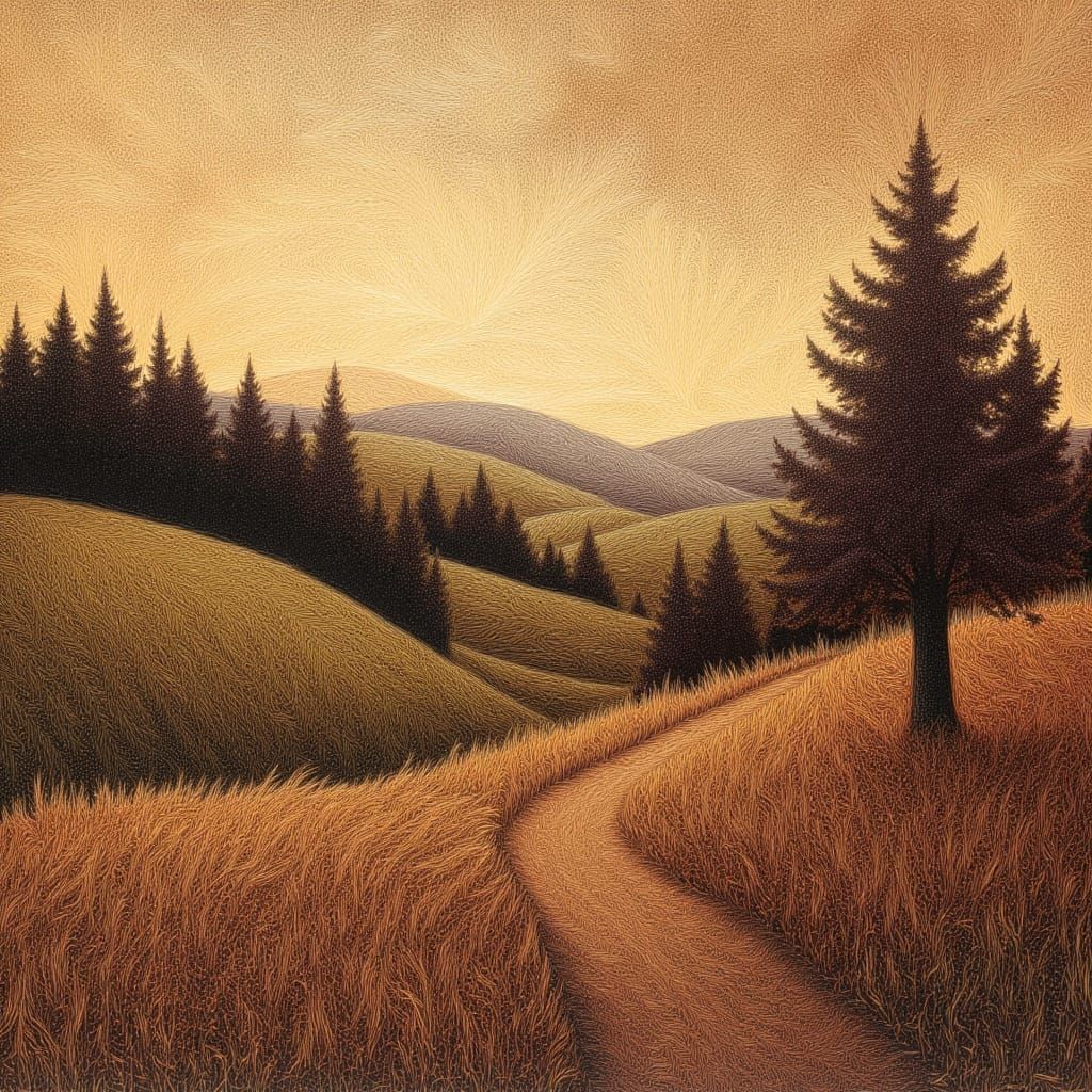 Scratch Art Landscape with Trees and Hills