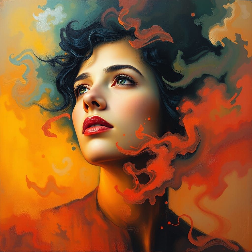 Contemplative Woman in Dreamlike Color Field