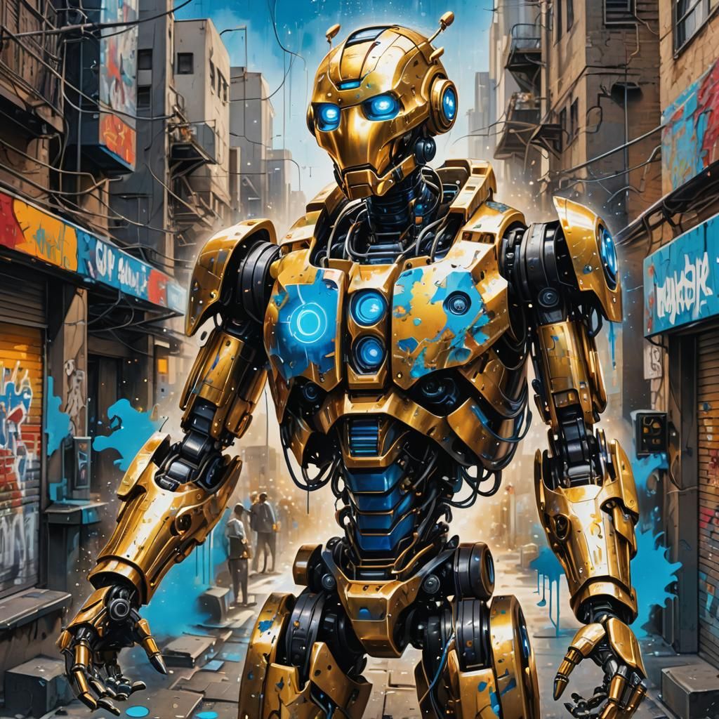 Golden Robot in Neon City: Graffiti Art