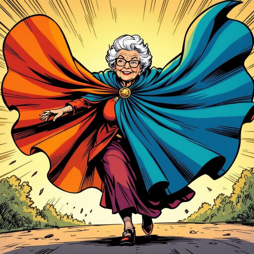 Cuddly Grandma in Billowing Cape, Classic Comic Art