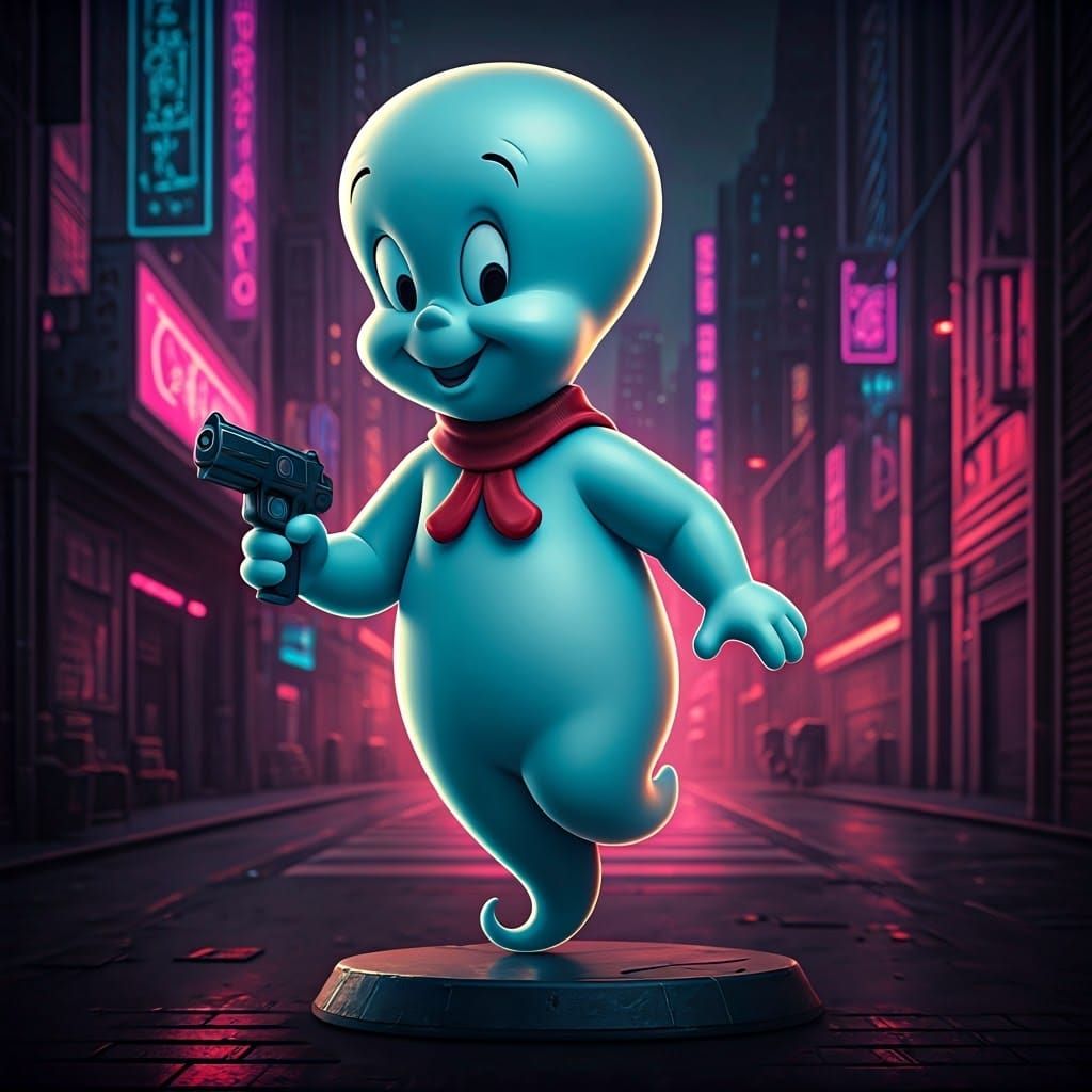 Casper in Cyberpunk Cityscape: Enamel Glass Figurine