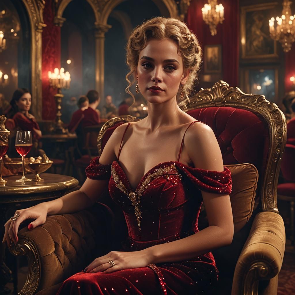 Renaissance Bar Woman in Red Dress with Moody Lighting