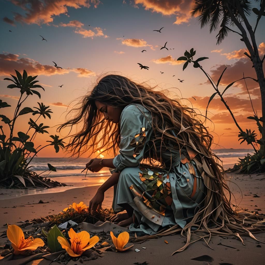 Woman on Beach at Sunset: 8K Digital Art