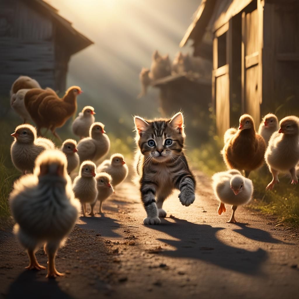 Tabby Kitten Follows Hen and Chicks: Digital Matte Painting