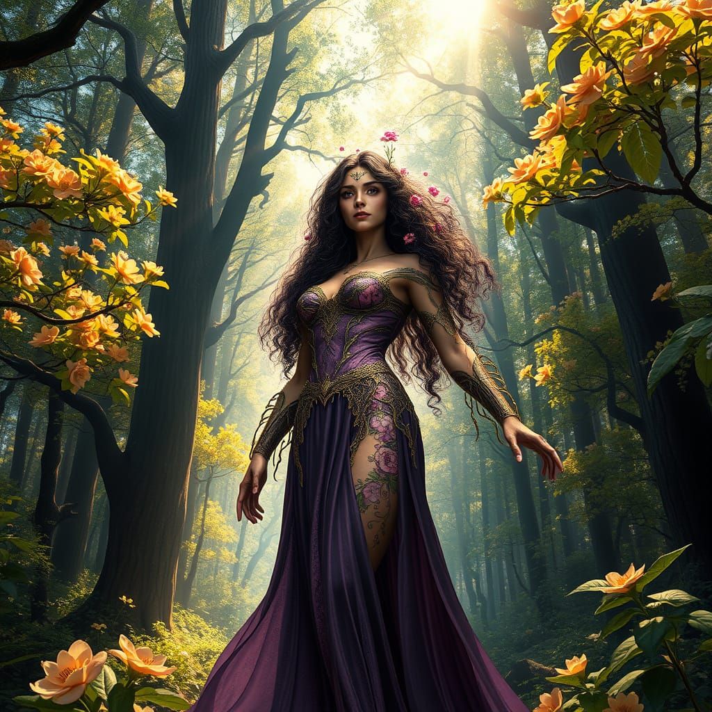 Ethereal Female Superhero in Lush Spring Forest with Vibrant...