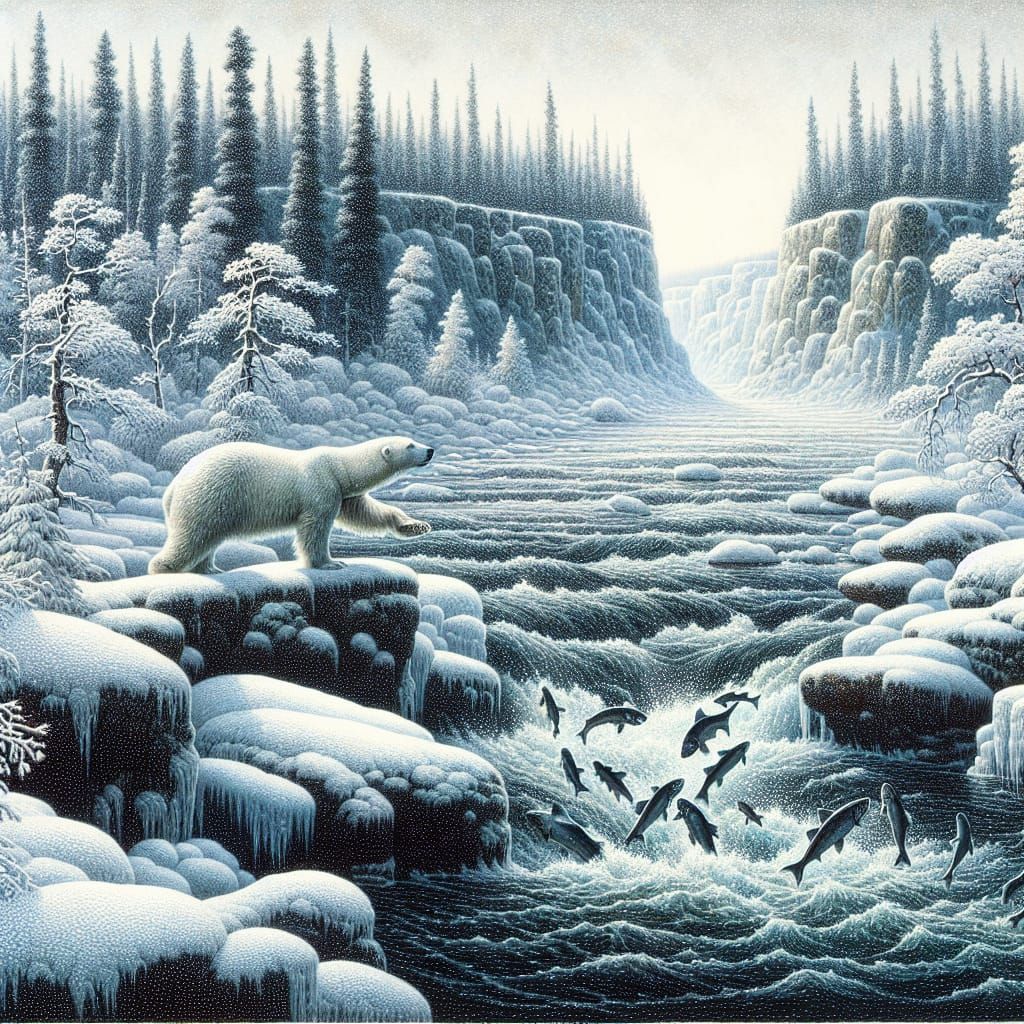 Polar Bear Catches Salmon in Winter Landscape Painting