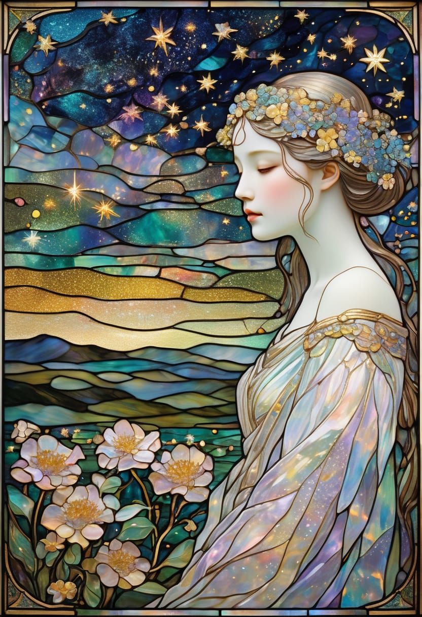 Art Nouveau Stained Glass Celestial Goddess