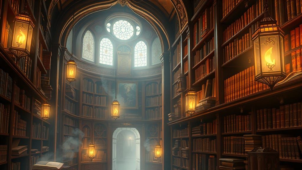 Whimsical Vintage Library Scene with Floating Books and Ethe...