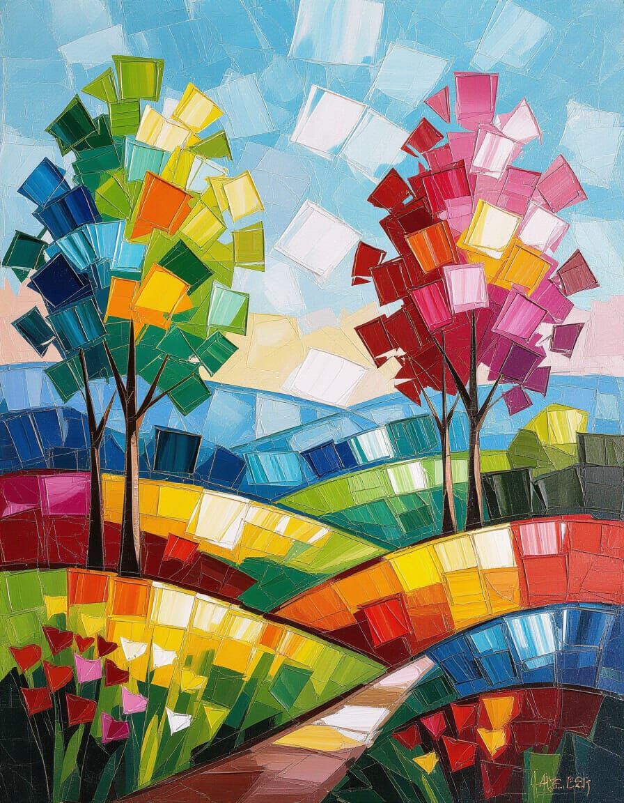 Vibrant Abstract Landscape Painting with Rich Texture